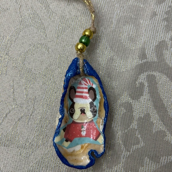 Hand Painted Dog—Boston or Frenchie Oyster Shell Ornament - Picture 1 of 5